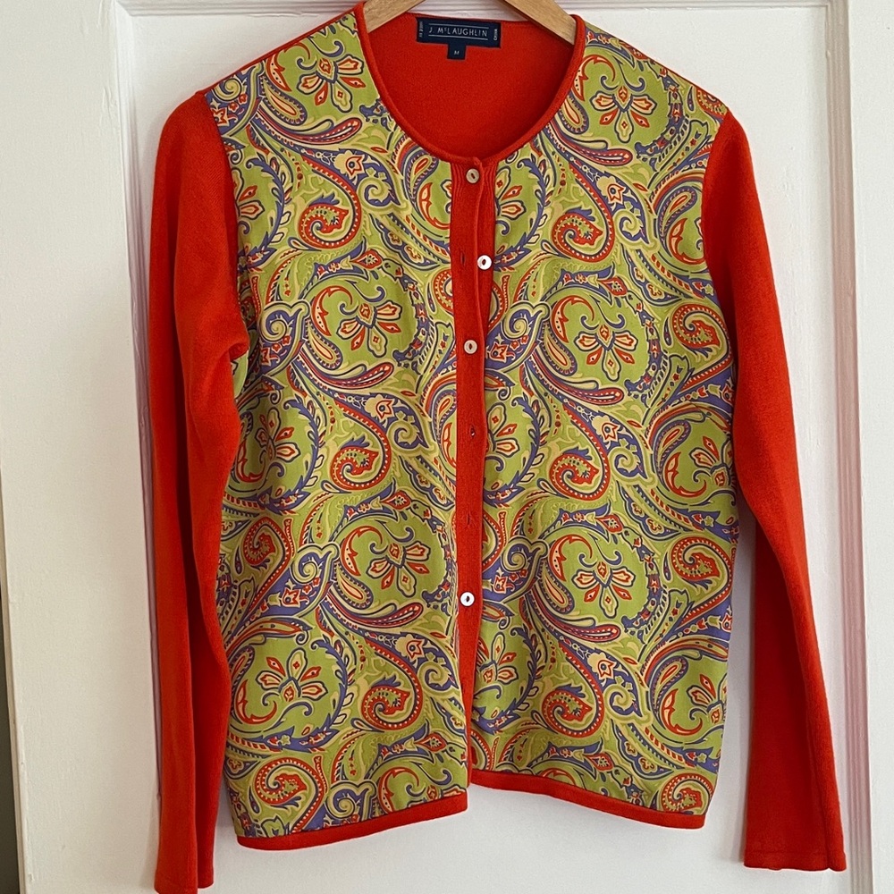 J McLaughlin Red and Multicolor Paisley Cardigan size M